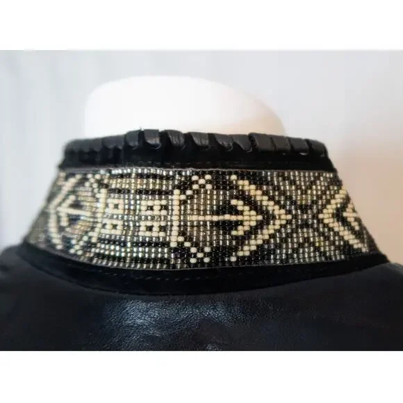 TRIBE AMERICA Women's Vintage Black Suede & Leather Beaded JacketUS 8 - Picture 13 of 14